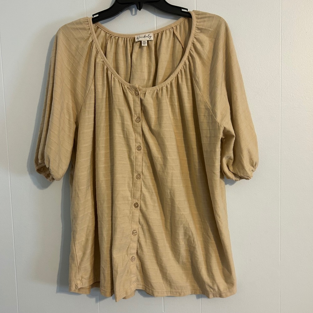 Wonderly Womens XXL Tan Textured Stripe Button Front Puff Sleeve Blouse Top